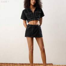 jianchaimaoyi02 Maija Falda pantalón de mezclilla azul claro para mujer con diseño 2 en 1, versátil y casual estilo Y2K para volver al colegio, uso diario y otoño - Negro01 - Ver 6