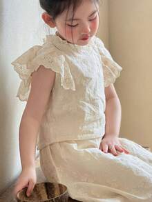 M.Dian xi Girls' 2pcs Set Summer New Korean Style Elegant Mori Style Flutter Sleeve Blouse And Thin Skirt - Beige - View 3