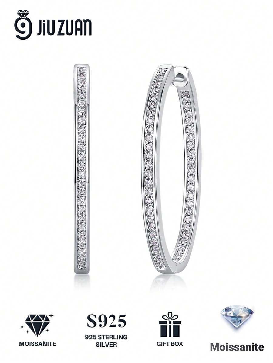 A Pair Of Romantic And Dazzling 925 Sterling Silver Hoop Earrings Inlaid With D-Color Moissanite, Women's Jewelry, Ideal Birthday And Christmas Gifts