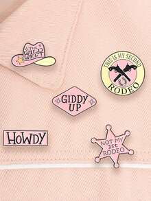 5pcs Creative Western Cowboy Theme Enamel Brooches, Pink Sheriff Badge & Revolver Cowboy Hat Design Pins, Fashion Clothing & Backpack Accessories, Best Gift For Friends - Multicolor - View 5