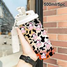 1個/5個 500ml可愛牛紋保溫杯,500ml塑膠水瓶附吸管與背帶,防漏雙層杯,粉色蝴蝶結牛紋圖案,適合冰咖啡、冷萃咖啡、夏季及牛迷禮物 - 黑與白 - 查看 8