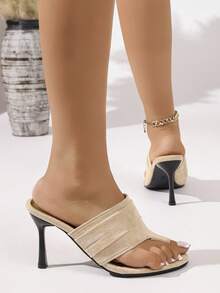 Chic Plus Size Stiletto Heel Slip-On Closed Toe Sandals, Fashionable Versatile High Heel Slides - Beige - View 6