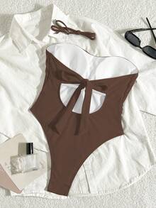 Traje de baño de una pieza para mujer de verano, unicolor con diseño de remaches, sin espalda, bandeau, diseño de corte de diseñador, adecuado para playa, piscina, ropa de vacaciones de verano, unicolor acanalado sin espalda para vacaciones en la playa, graduación, baile de graduación, cumpleaños, unicolor negro con perlas para vacaciones en la playa - Marrón Mocha - Ver 9
