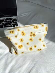 AGG,Sunflower Print Makeup Bag, Canvas Cosmetic Pouch, Portable Travel Toiletry Bag, Large Capacity Zipper Make Up Storage Bag For Women - Multicolor - View 4