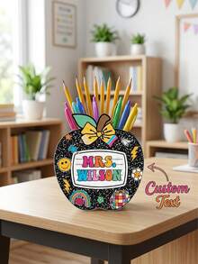 1pc Personalized Apple Shaped Pen Holder, Customizable Name, Cute Desktop Storage Pen Cup With Decorative Bow Design, Suitable For Teachers, Students, School Supplies Storage, Teacher Appreciation Gift - Multicolor - View 3