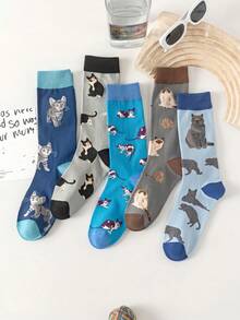 1/5 Paar blaue niedliche Katzenmuster lange Socken, Damen lustige lässige Tierserie Socken, atmungsaktive und feuchtigkeitsableitende Sportsocken, geeignet für Outdoor-Sport, Heimfitness, tägliches Pendeln - Verschiedenfarbig - Übersicht 1