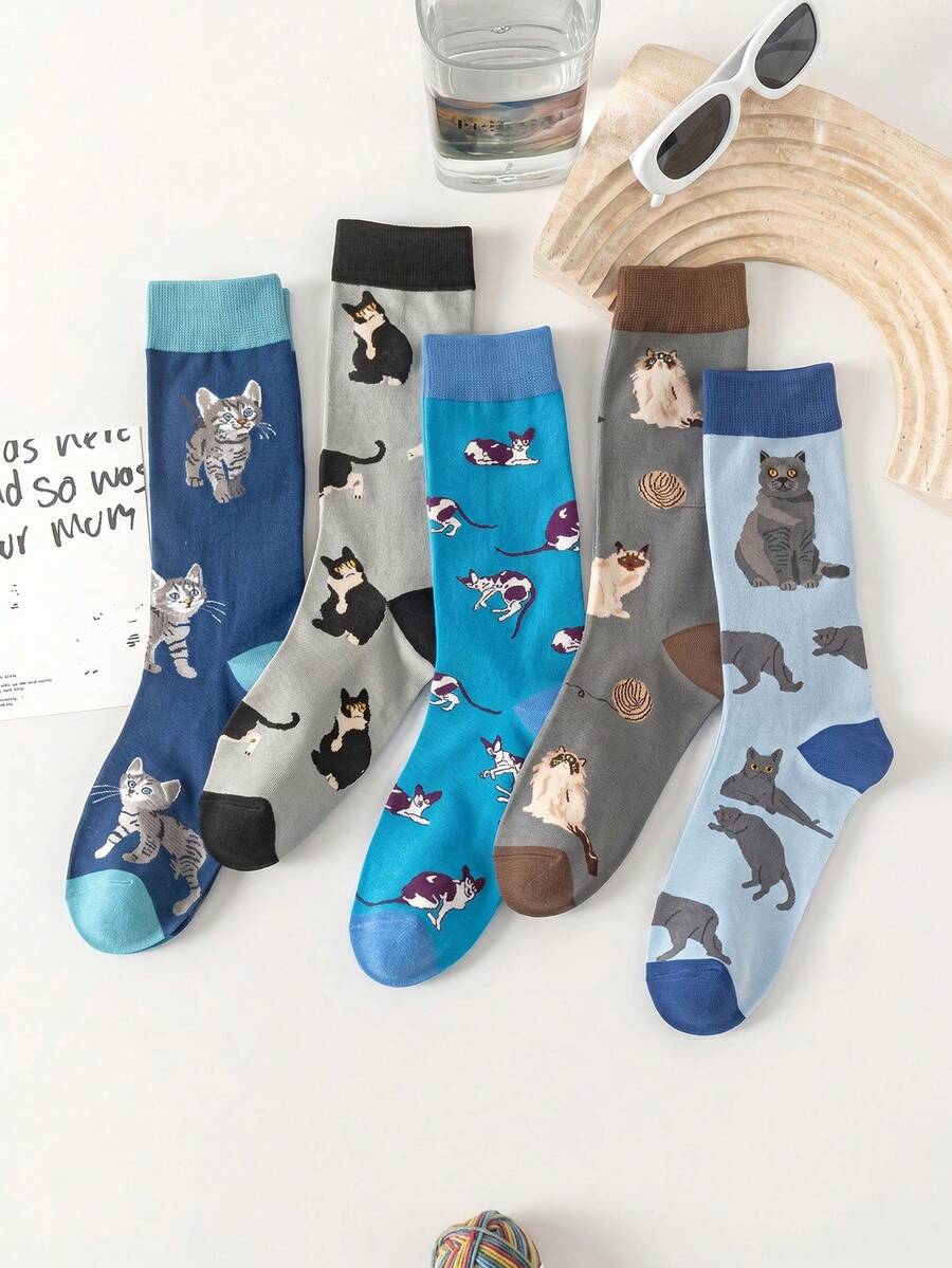 1/5 Paar blaue niedliche Katzenmuster lange Socken, Damen lustige lässige Tierserie Socken, atmungsaktive und feuchtigkeitsableitende Sportsocken, geeignet für Outdoor-Sport, Heimfitness, tägliches Pendeln - Verschiedenfarbig - Übersicht 1