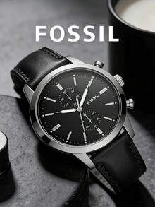 Fossil 男士極簡主義計時碼錶，拋光銀色錶殼黑色錶盤黑色光滑皮革錶帶，都市時尚手錶，適合科技辦公室日常通勤電競派對咖啡廳休閒，送給他的生日畢業喬遷理想禮物 - 黑色 - 查看 4