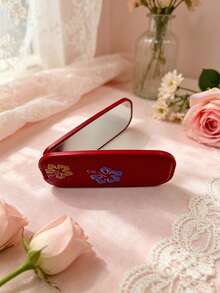 1pc Faux Leather Texture Mirror Phone Stand Makeup Mirror, Fashion Adhesive Foldable Mirror Back Sticker, Horizontal & Vertical Dual-Use Portable Desktop Stand - Multicolored Flowers - View 3