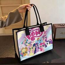 Miniso Little Pony Full Cast Group Tote Bag, Pink Trim Large Capacity Casual Handheld Shoulder Bag - Black - View 1
