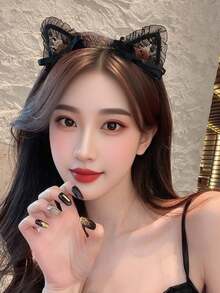 1入 女款貓耳髮箍 可愛貓耳黑色蕾絲髮圈 生日派對節日表演髮箍髮夾配件 - 黑色 - 查看 4