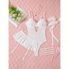 Lilosy Sexy Stocking Rhinestones Heart Garter Underwire Floral Mesh Lace Sheer Babydoll Lingerie Teddy Bodysuit Skirt Set - 白色 - 查看 4