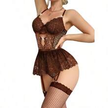 Lilosy Sexy Stocking Rhinestones Heart Garter Underwire Floral Mesh Lace Sheer Babydoll Lingerie Teddy Bodysuit Skirt Set - 棕豹 - 查看 2