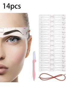 12pcs Eyebrow Stencils, 1pc Auxiliary Rope, 1pc Eyebrow Razor, Head-Mounted English Eyebrow Card Silicone Integrated Eyebrow Drawing Card Set, Slouchy Person's Eyebrow Drawing Assistant - Multicolor - View 1