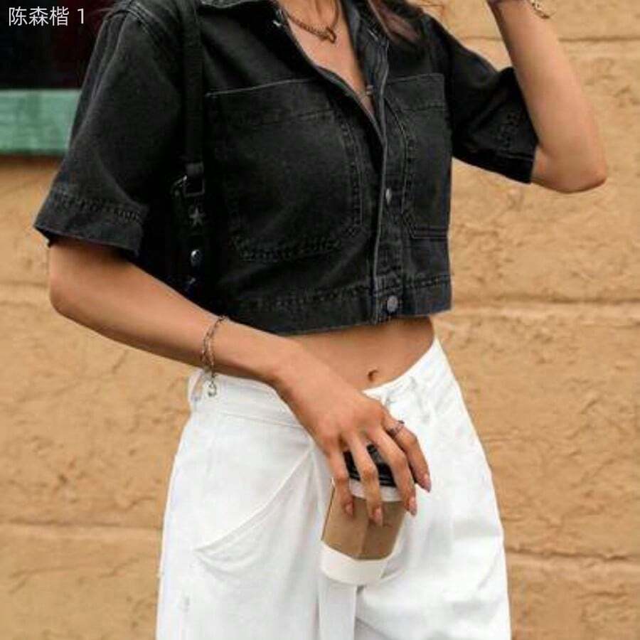 jianchaimaoyi02 Chaqueta vaquera corta de manga corta informal para vacaciones - Negro01 - Ver 1