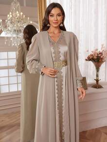 Women's V-Neck Sleeveless Lace Elegant Slit Dress, With Detachable Belt And Arabic Style Long Sleeve Outerwear 2-Piece Set Wedding Party - Champagne - View 6