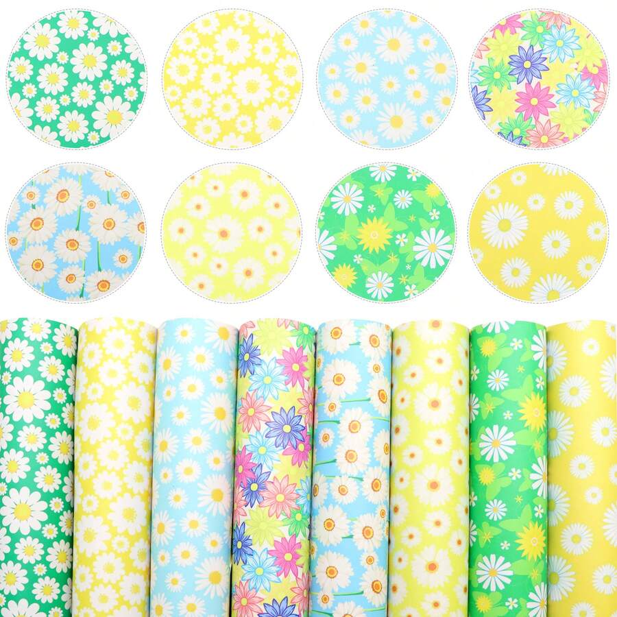 8 Pcs/Set Lembaran Kulit Sintetis Seri Musim Semi Motif Bunga Daisy, Kain Kulit Sintetis Bertekstur Halus untuk Proyek Kerajinan DIY seperti Anting, Pita Rambut, dan Dekorasi. - bawaan - View 1