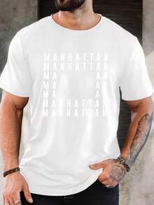 T-shirt casual de manga curta com estampado gráfico para homem, estampado de letras Manhattan, em algodão macio, presente de Natal e Ano Novo para ele - Branco - Ver 6