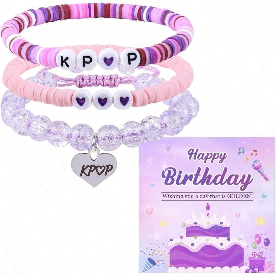 K-Pop女團情書吊飾手鍊,彩色聚合物黏土編織彈力繩,可愛珠寶禮物送給粉絲閨蜜,日系可愛配件 - 彩色 - 查看 1
