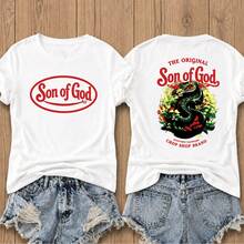 Women's Casual Cotton Round Neck Short Sleeve T-Shirt With 'Son Of God' Front And Snake Back Graphic, Soft Summer Top - 白色 - 查看 1