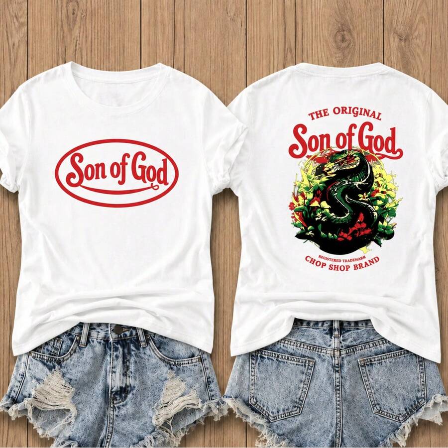 Women's Casual Cotton Round Neck Short Sleeve T-Shirt With 'Son Of God' Front And Snake Back Graphic, Soft Summer Top - 白色 - 查看 1