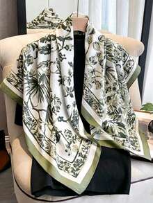 1件裝仿絲花卉印花 90cm 斜紋正方形女用方巾 - 綠色 - 查看 2