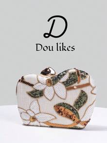 Dou Likes 中式風格手提包，香檳色亮片刺繡花卉鏈條晚宴包，搭配可調節細金鏈，完美適配中式旗袍、輕奢晚禮服、日常優雅穿搭，瞬間提升整體風格，點亮造型的完美收尾配件 - 杏色 - 查看 3