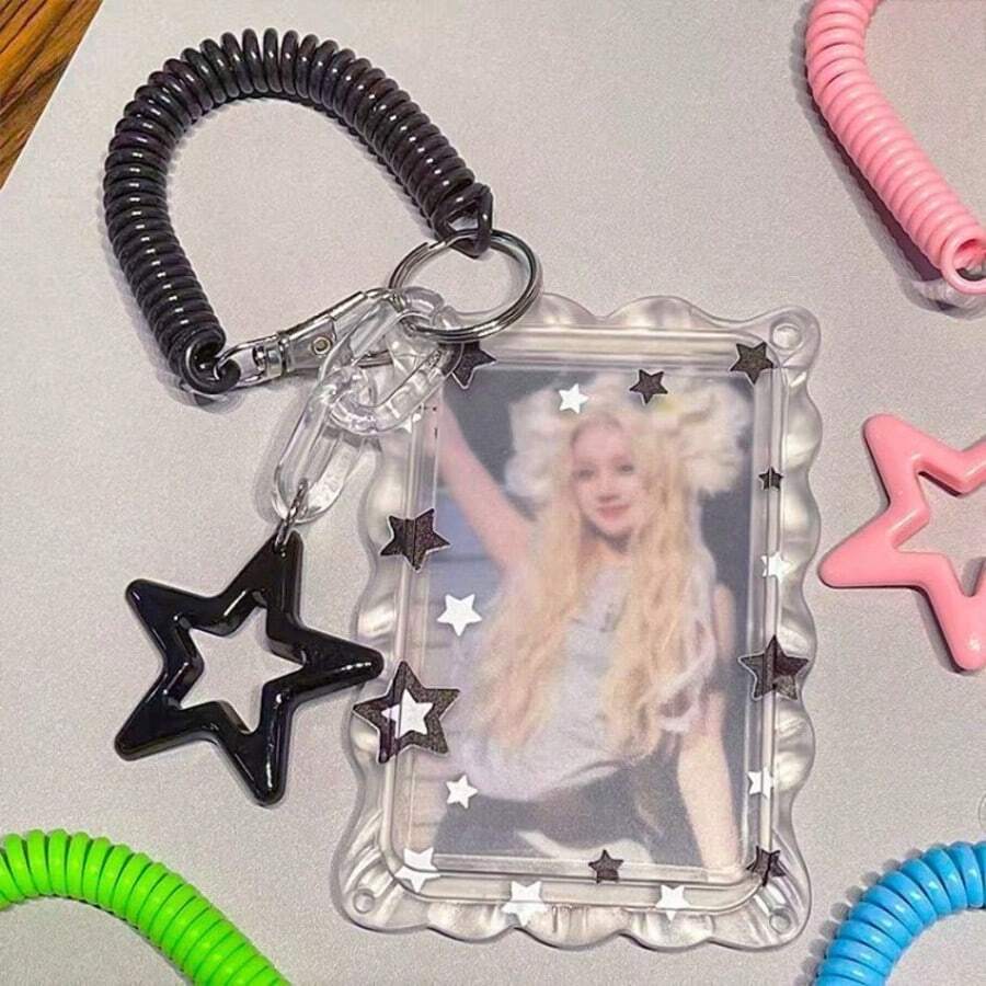 1pc Ins Transparent Lace Card Holder With Pendant, Highly Attractive Design With Fun Star And Spring Rope Charm, Student Subway Bus Campus Meal Card Transparent Window Protective Card Sleeve - Rectangle - View 1