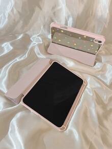 1pc Energetic Pink White Plaid Colorful Star Print Shockproof Scratch-Resistant Foldable Stand Acrylic Tri-Fold Tablet Case, With Stylus Holder, Magnetic Clasp And Auto Sleep/Wake Function, Compatible With IPad 7/8/9/10th Gen, Air 4/5, Pro 11 Inch - Multicolor - View 7