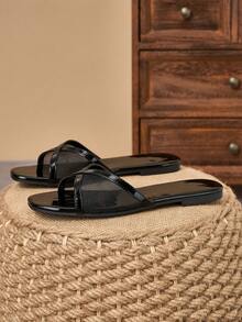Sandalias tipo slide de mujer con punta cuadrada, planas, de moda, versátiles, para exteriores, de lujo, con hebilla, para verano, playa, vacaciones, premium, para todas las estaciones, elegantes chanclas - Negro - Ver 5