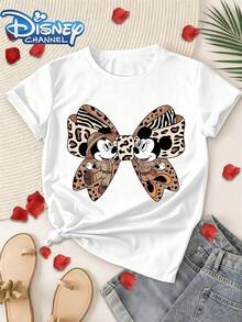 Licensed Disney Mickey Tee With Leopard & Bow Print, Round Neck Short Sleeve For Spring And Summer. - White - View 1