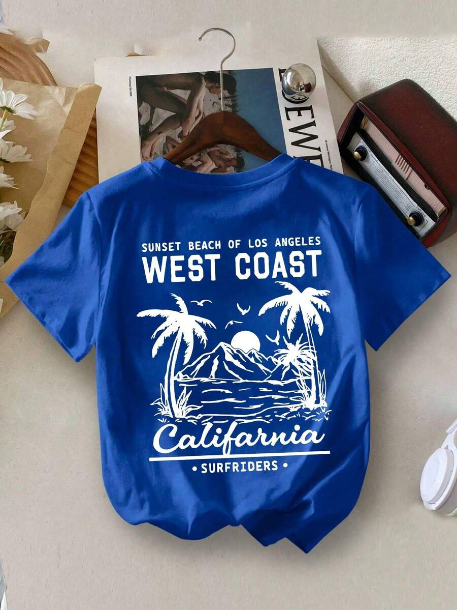 Simple Casual T-Shirt For Boys, Summer Beach Style With Mountain Sea And Tree Pattern, Round Neck, Short Sleeve, New Summer Short Sleeve Top For Young Children - 藍色 - 查看 1