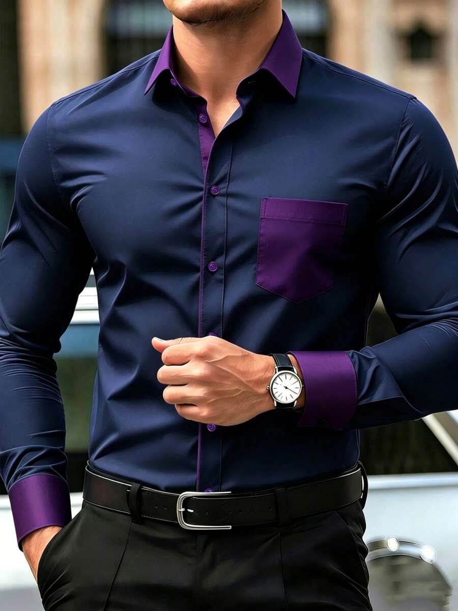 Men's Business Commute Colorblock Front Button Patch Pocket Long Sleeve Formal Shirt - Navy Blue - View 1