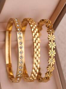 3 pièces/1 pièce Bracelet de clou en acier inoxydable plaqué or 18K trèfle à la mode, convient pour les fêtes et le port quotidien des femmes, style européen et américain, personnalisé et élégant, bracelet luxueux en zirconium cubique, ensemble de bijoux de mariage, convient pour les filles, les femmes, les amis et les cadeaux de famille, beau cadeau de mariage, d'anniversaire, de la Saint-Valentin - Or jaune - Voir 13