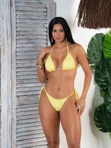 String Bikini With Tie-Side Bottom, Double-String Polyamide Fabric. - Yellow - View 1