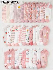 1 Pair/10 Pairs/20 Pairs/30 Pairs/40 Pairs Random Spring/Summer Cute Cat, Strawberry, Floral Print Socks, Soft & Breathable, Suitable For Girls, Campus, Sports, Daily Wear - Multicolor - View 2