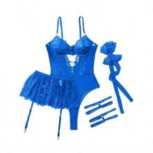 Lilosy Sexy Stocking Rhinestones Heart Garter Underwire Floral Mesh Lace Sheer Babydoll Lingerie Teddy Bodysuit Skirt Set - 寶藍色 - 查看 4