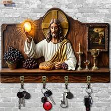 Christian Jesus Bible Wall Hanging Key Rack 2D Flat Non-3D Vintage Icon Cross Wooden Key Storage Hook Believer Home Entryway Wall Faith Decor Plaque - Jesus Bible Theme - View 12