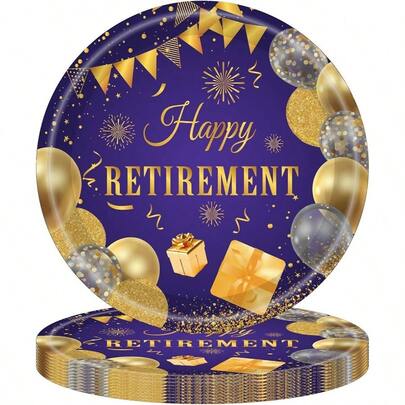 Platos de jubilacin de 9 pulgadas, 20 piezas de platos desechables de oro prpura feliz jubilado, vajilla temtica para de despedida, platos de papel grandes, para despedida, suministros de