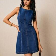 jianchaimaoyi02  Vestido de mezclilla casual de mujer sin mangas, cuello redondo, espalda descubierta y con lazo - Azul lavado oscuro - Ver 2