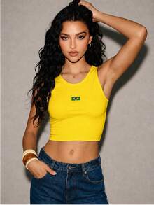 Women's Cropped Top, Yellow, Brazilian Flag, Minimalist, Brazil Core, Soccer, World Cup, Made Of Spandex. - Angsa kuning - View 3