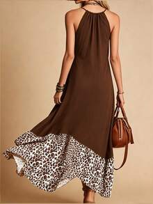 Elegaris Women's Long Dress For Spring And Autumn, Halter Neck Design, Solid Color And Leopard Print Patchwork, Casual Vacation Dress Elegant - Brown - View 6