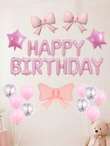 28件組生日派對氣球套裝，16英吋粉色HAPPY BIRTHDAY字母氣球、蝴蝶結鋁箔氣球、星星氣球、粉色乳膠氣球、12英吋銀色鋁箔亮片乳膠氣球，適用於生日派對、嬰兒洗禮裝飾 - 粉紅色套裝 - 查看 4