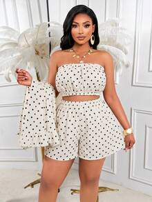 AIJ Conjunto casual para mujer talla grande, incluye blusa con cuello de botones delanteros y bajo con volantes, elegante para vacaciones de verano - Base de albaricoque con manchas negras - Ver 1