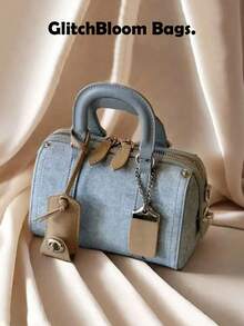 Bolso Mini Boston de Mezclilla Vintage - Bolso de Mano Bordado con Cerezas y Detalles de Borlas (Accesorios No Incluidos) - Azul - Ver 4