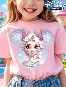 Disney Pure Cotton 100% Material Short Sleeved Shirt, Disney Princess Elsa Motif, Women's T-Shirt, For Girls And Frozen Fans, Ideal As A Gift For Children's Birthdays Or Christmas. - 粉色 - 查看 1
