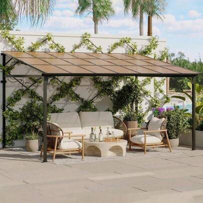 12' X 14' Outdoor Shade Gazebo, Wall-Mounted Metal Gazebo, Hard Roof Shade Pergola, Heavy Duty Wall Mounted Oversized Awning For Patio, Deck, Porch, Garden & Backyard
