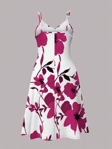 Spring Summer Autumn Plus Size Women's Elegant Vintage Floral Print Cami Dress With Versatile Solid Color Cardigan 2-Piece Set Vacation - Hot Pink - View 4