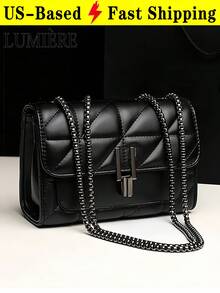 Elegant Black Quilted Crossbody Bag For Women Metal Chain Strap Shoulder Purse, Adjustable Strap, Polyester Lined, Urban Fashion Accessory - 黑色 - 查看 1