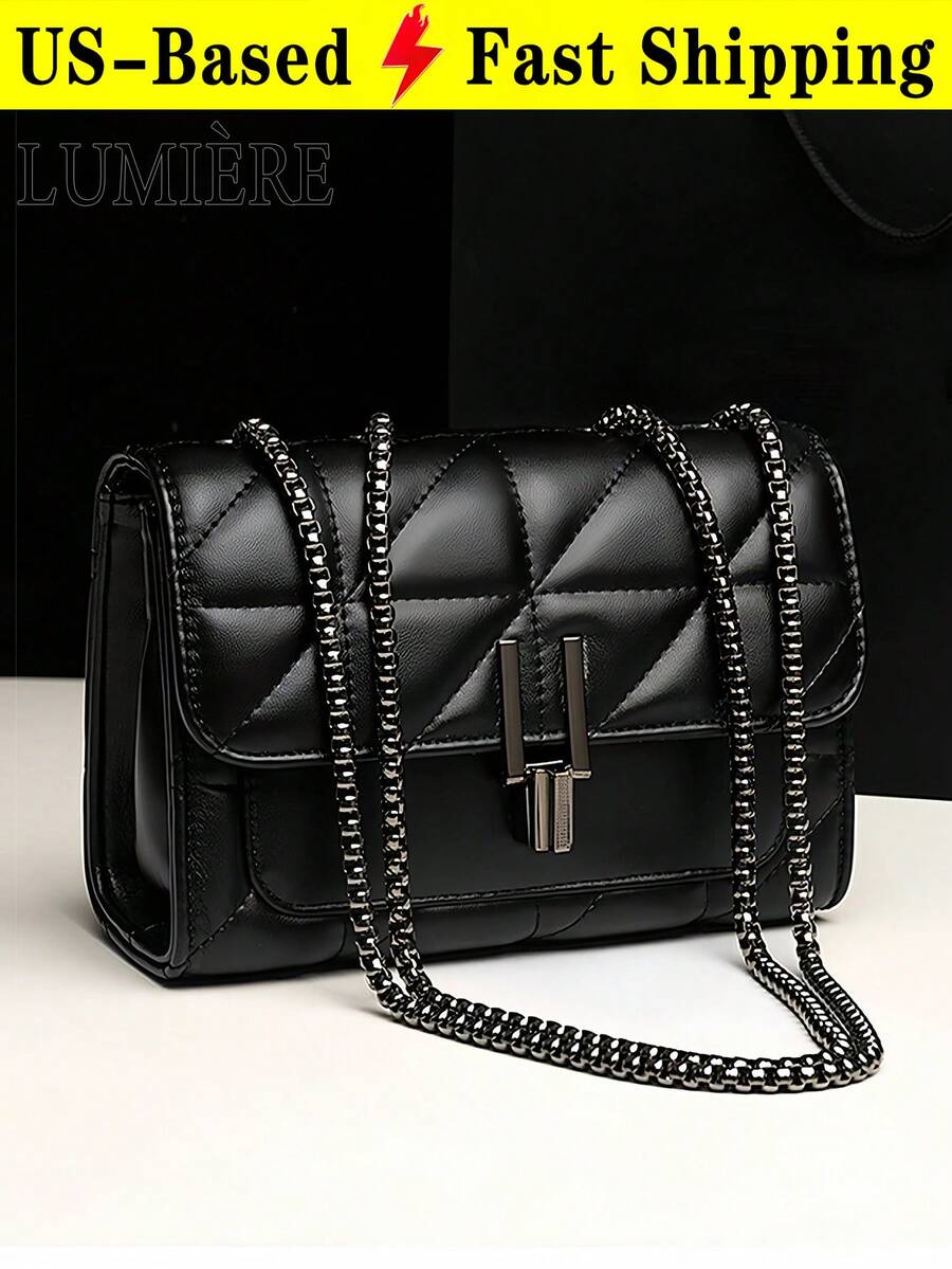 Elegant Black Quilted Crossbody Bag For Women Metal Chain Strap Shoulder Purse, Adjustable Strap, Polyester Lined, Urban Fashion Accessory - 黑色 - 查看 1